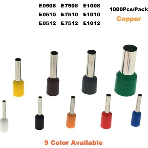 1000Pcs Copper Tube Insulated Cord End Crimp Terminals Electrical Wire Connector E0508~E1012 Cable Ferrules 22-18AWG 0.5-1.0mm2
