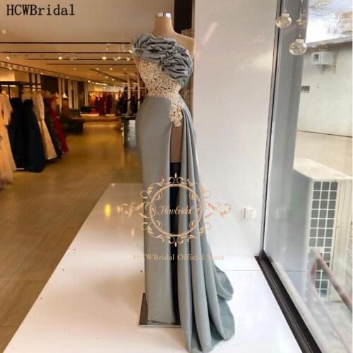 One Shoulder Long Evening Dress High Slit Ruffles Satin Sexy Prom Gowns Plus Size Beads Appliques Formal Occasion Party Gowns