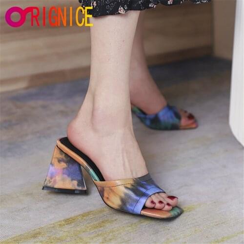Orignice Fashion Women Summer Sandals Chic Thick High Heel Slippers Sewing Square Peep Toe Dress Party Shoes Big Size 34-46