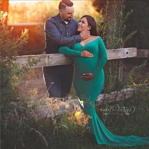 Maternity Dresses for Photo Shoot Cotton Stretch V-Neck Long Sleeve Skirt Is Soft and Comfortable Gown PregnancyShooting Solid