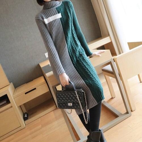 Thick Warm Cotton Contrast Fringe Dress Women Turtleneck Long Sleeve Midi Sweater Dress Ladies Streetwear Green Dress Winter