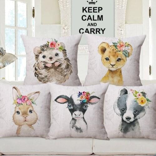 Hand Painting Little Cute Animals Cushion Cover Fox Bear Cow Rabbit Floral Print Decorative Pillow Case