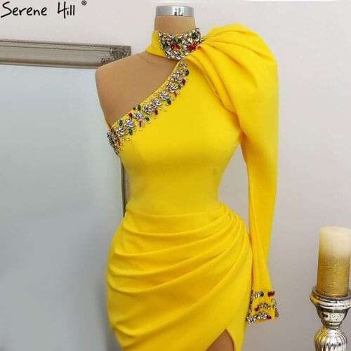 Serene Hill Yellow Mermaid Split Evening Dresses Gowns 2021 One Shoulder Puff Sleeve Diamond For Women Party LA70878