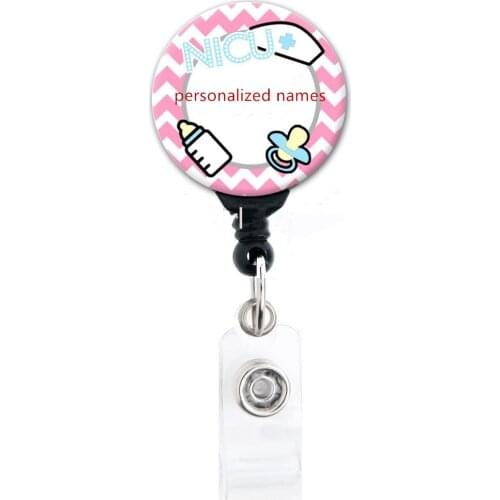 Retractable Badge Reel with swivel clip - NICU Chevon Pink - Personalized Name 10pcs/lot