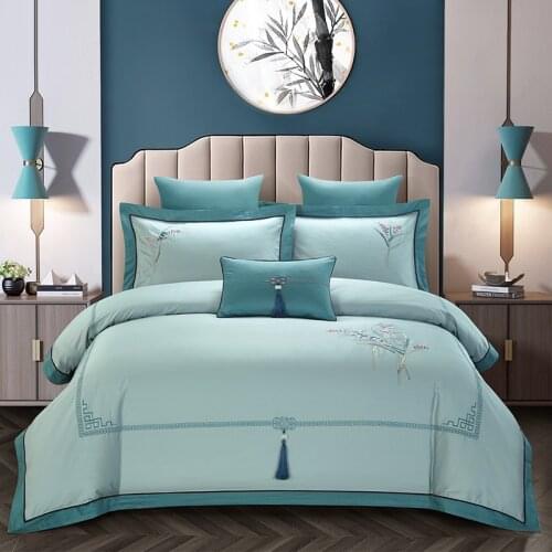 Embroidery Chinoiserie style Duvet Quilt Cover Grey Leaves Comforter Cover Queen King 4Pcs Bedding set Bed sheets Fitted sheet