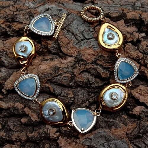 YYGEM Natural Cultured White Teardrop Keshi Pearl Triangle White Crystal Cz Wrap Bracelet 8" gold plated toggle clasp