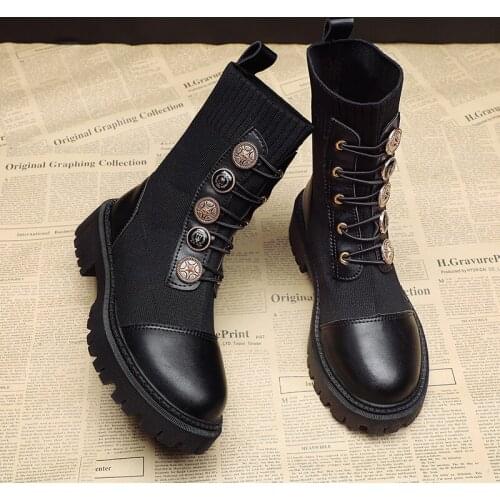 Winter New Women Short Boots Retro Round Toe Middle Heels Flat Motorcycles British Style Womens Boots Fashion Trendy Shoes