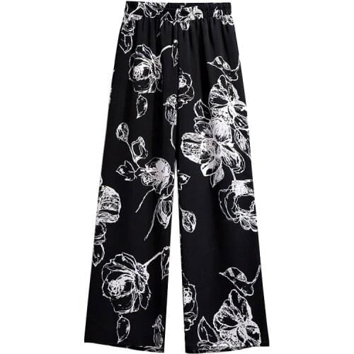2020 Oversize Summer Women Cozy Wide leg Pants Stretch waist Straight Pants Print Black Casual Trousers Plus size XXL-6XL G1000