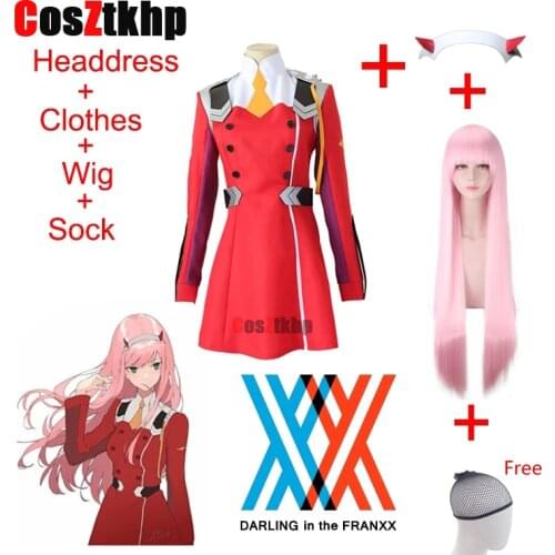 02 Anime DARLING in the FRANXX Code002 Full Cosplay Costume High School Girl Uniform Red Dress Includes Pink Wig Demon Headdress