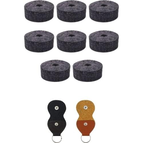 1 Set Round Soft Grey Cymbal Stand Felt Washer & 2 Pcs Leather Keychain Plectrum Key Fob Cases Bag