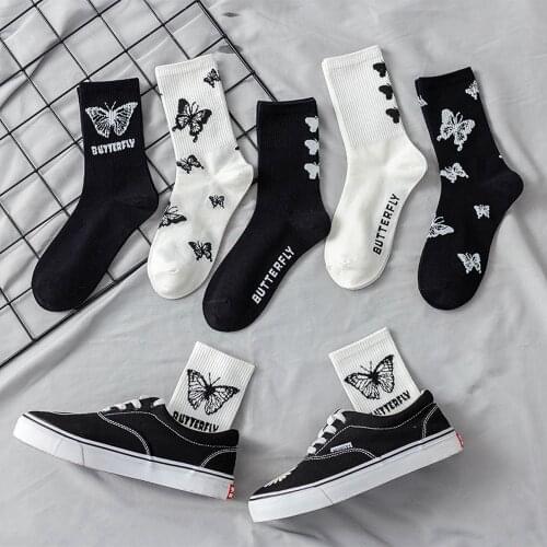 1 Pair Black White Butterfly Cotton Socks Women Girls Fashion Casual Hip Hop Harajuru Breathable Long Socks