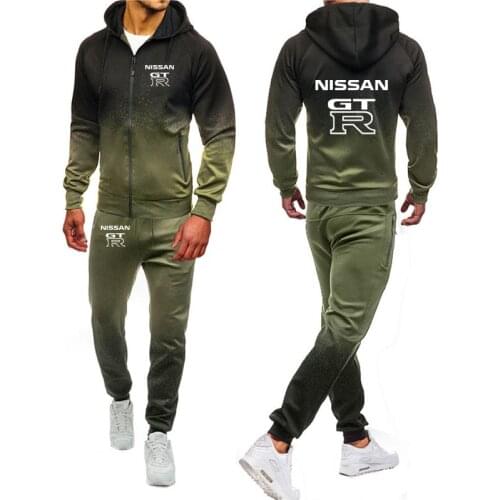 2021 Hoodies Men GTR Car Logo Print Casual Harajuku Gradient color Hooded Fleece zipper Jacket Sweatshirt Sweatpants Suit
