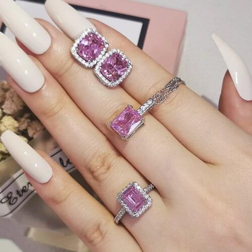 3pcs Pack Real 925 Sterling Silver Zircon Jewelry Set Engagement Ring Stud Earring For Wedding Christmas Gift J6352-pink