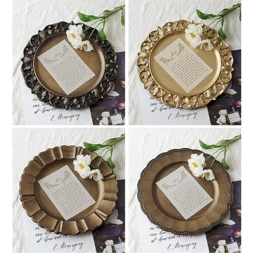 50LB Retro Round Tea Pot Cake Storage Tray Gold Decorative Ottoman Coffee Tea Serving Tray Round Centerpiece Vintage