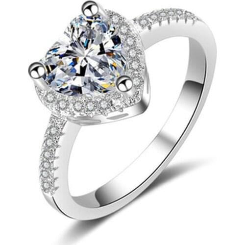 AMORUI Romantic Heart Shaped Crystal Women Ring Silver Color AAA Zircon Luxury Rings Brithday/Anniversary Gift Jewelry