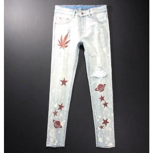 American Street Fashion Men Jeans Retro Light Blue Slim Fit Ripped Jeans Men Embroidery Patch Designer Hip Hop Denim Punk Pants