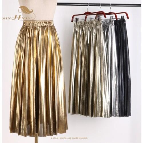 SISHION Elegant Women Midi Skirt VD1824 High Waist Black Silver Gold Solid Color Pleated Skirt