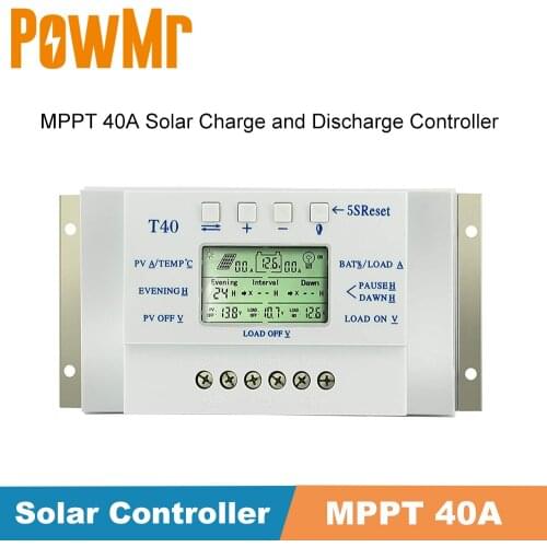 MPPT 40A Solar Charge and Discharge Controller 12V 24V LCD USB Regulator with Load Dual Timer Control for Solar Lighting System