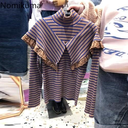 Nomikuma Korean Striped Turtleneck Knitted Tops Lace Patchwork Ruffle Women Pullovers 2020 Autumn Winter Basic Knitwear 6D281