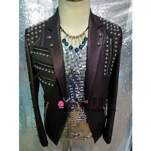 Customized Mens Fashion Cool Punk Rivets Leather Jacket Costumes Nightclub Male Singer dancer Stage show Performance Outerwear
