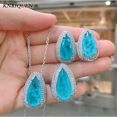 925 Sterling Silver Blue Big Gemstone Party Jewelry Sets for Women Vintage 10*20 Paraiba Tourmaline Necklace Earrings Rings Gift