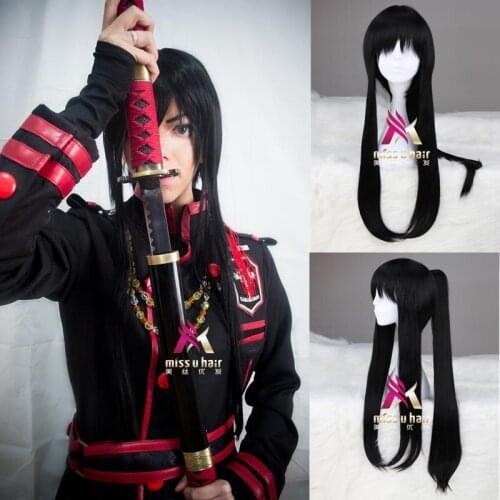 New Synthetic Long Black D.Gray-man Yu Kanda Cosplay Wig halloween party Hair With One Ponytail Male Wigs Bangs+wig cap