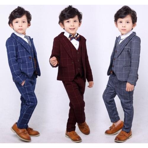 Top Quality Boys Plaid Jacket Vest Pants Bowtie 3Pcs Clothing Set Gentleman Kids Wedding Suit Children Performance Dress