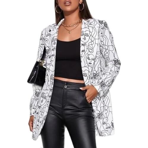 Autumn Spring Slim Blazer for Women Vintage Printing Suit Jacket Turn Down Collar Single Breasted Casual Coat Ladies Outwear