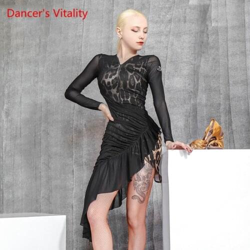 Latin dance dress long-sleeve mesh sexy leopard dress professional competition dance clothes practice clothes