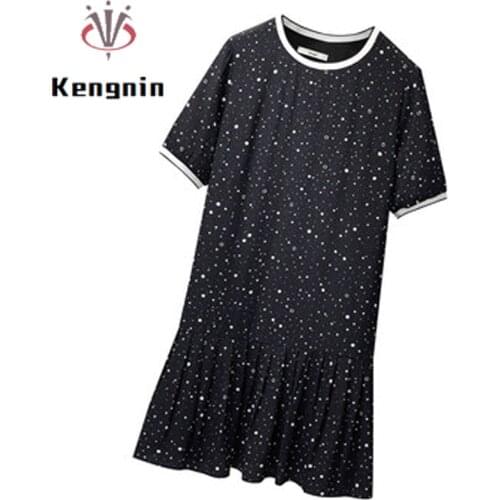 Plus Size 4XL Womens Dress Summer 2021 Dot Print O-Neck Lady Vestidos Dress Loose Pleated Dress Short Sleeve Black Dress KE1648