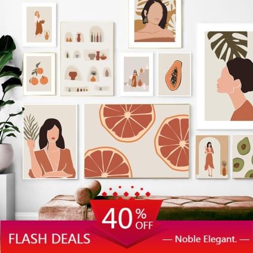 Christmas Canvas Painting Abstract Girl Orange Monstera Bottle Avocado Nordic Posters Wall Art Pictures For Living Home Decor