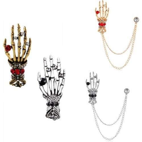 Rhinestone Skeleton Hand Enamel Pins Chain Skull Hands Bone Badge Brooch Denim Clothes Vintage Jewelry Gift For Friends
