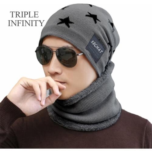 TRIPLE INFINITY High Quality Winter Men Hat Warm Suits Windproof Cold-proof Star Pattern Ski Cycling Knitted Beanies Hats Scarf