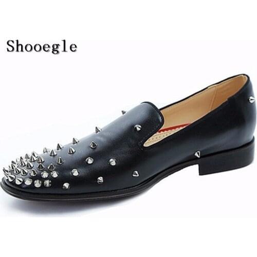 SHOOEGLE Fashion Handmade Luxury Black Leather Men Shoes Spikes Embellished Loafers Slip On Rivets Men Wedding Shoes