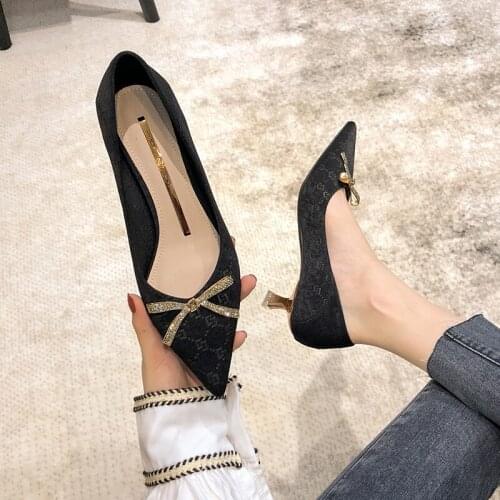 Korean womens fashion butterfly sexy professional high heeled shoes pointed thin heel button shallow single shoe