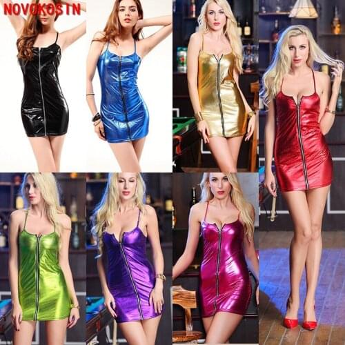 X1 2018 New Fashion Women PU Faux Leather Front Zipper Camisole Slim Nightclub Erotic Underwear Plus Size Red Purple Sexy Dress