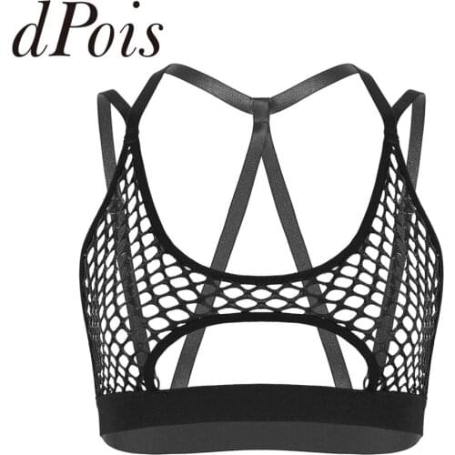 Women Hollow Out Fishnet Halter Neck Elastic Spaghetti Shoulder Straps Crisscross Back Cutout Underboob Vest Crop Tops For Dance