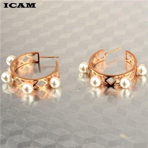 ICAM Lady Elegant Simulation Pearl Beads Ear Stud Earrings 1 Pair New Fashion Stainless Steel Jewelry Women
