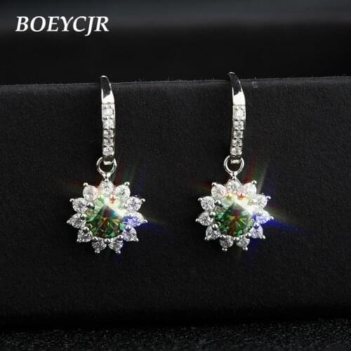 BOEYCJR S925 sunflower 0.5/1ct blue green Moissanite VVS1 Fine Jewelry Diamond Stud Earring With national certificate for Women