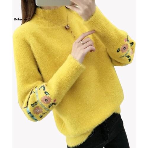 Women Fall Winter Imitation Mink Velvet Sweater Pullover New Embroidered Long-Sleeved Half Turtleneck Sweater Knitted Jumper