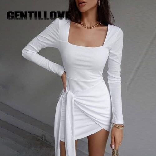 Women Sexy Dress Tight Square Collar Irregular Hem Lace Up Party Clubwear Causal Solid High Street Long Sleeve Fashion Harajuku