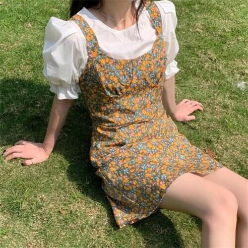 Women Dress Two Piece Set Sweet Summer Slim T-shirt Floral Dress Set for Daily Life