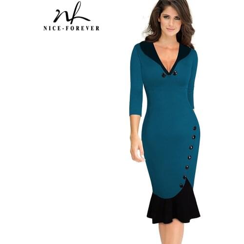 Nice-forever Vintage Contrast Color Patchwork Elegant Mermaid Dresses Business Formal work Bodycon Wiggle Women Dress Gb27