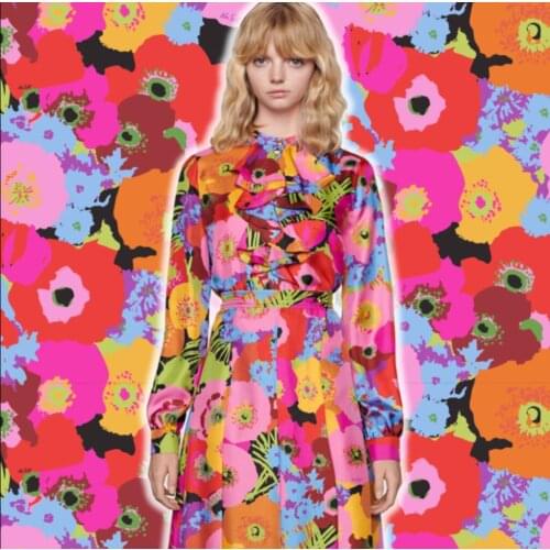 145cm*100cm Polyester stretch satin fabric European brand series latest fabric red floral digital printing skirt sewing fabric