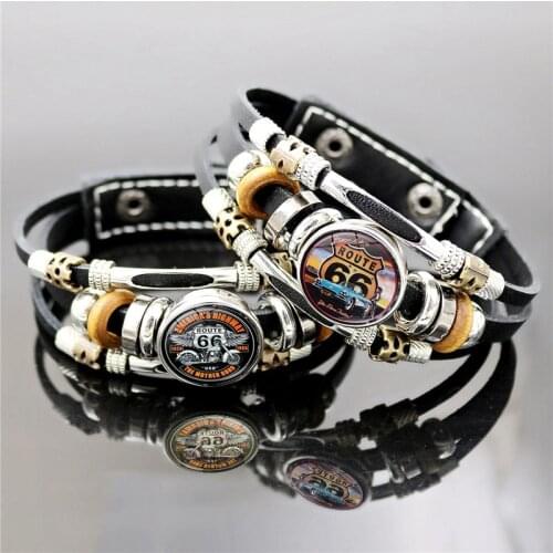 Old-fashion Signs US Route 66 Bracelet Retro Print Glass Dome Snap Button Punk Multilayer Leather Bracelets for Men Women Gifts