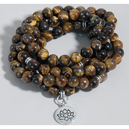 Natural Stone Beads Elastic Rope Bracelets&Necklace 8mm 108 MalaTiger Eye Rosary With 6 Pendents Choice for Women Men Jewelry