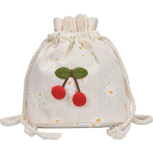 Girl Cute Cherry Bag Flower Bucket Bag Casual Shoulder Messenger Bag Drawstring Mini Handbag Small Purse