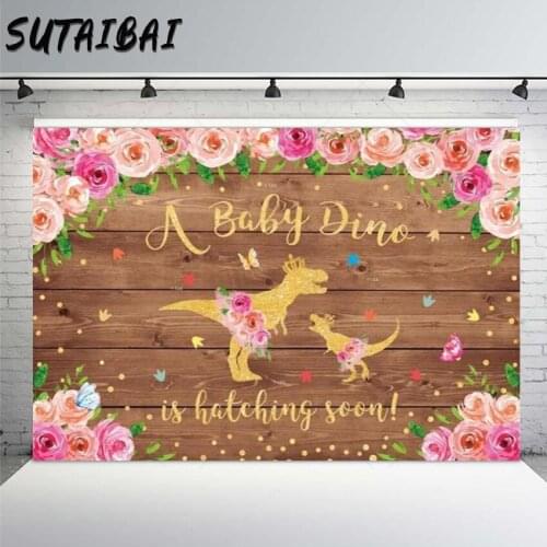 Dinosaur Is Hatching Soon Girl Birthday Party Baby Shower Photography Background Butterfly Flower Gold Dots Wood Backdrop Booth
