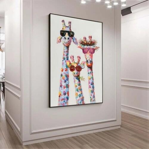 Canvas Painting Giraffe Family with Glasses Paintings Print on Art Pictures Animals Street Art Poster and Prints for Kids Room