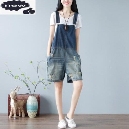 Summer Casual Streetwear Women Denim Bib Shorts Straps Hole Ripped Overalls Washed Loose Fit Knee Length Jeans Rompers